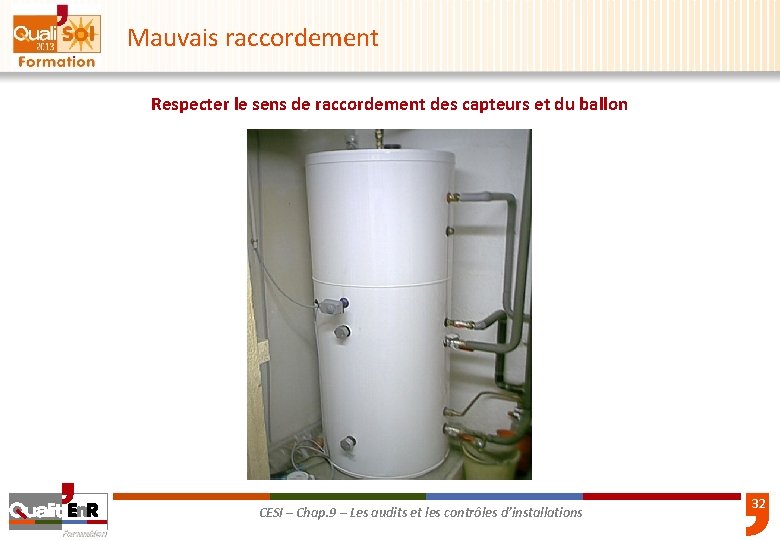 Mauvais raccordement Respecter le sens de raccordement des capteurs et du ballon CESI –