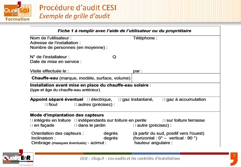 Procédure d’audit CESI Exemple de grille d’audit CESI – Chap. 9 – Les audits