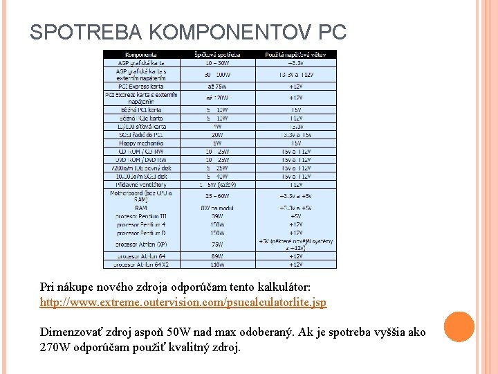 SPOTREBA KOMPONENTOV PC Pri nákupe nového zdroja odporúčam tento kalkulátor: http: //www. extreme. outervision. SPOTREBA KOMPONENTOV PC Pri nákupe nového zdroja odporúčam tento kalkulátor: http: //www. extreme. outervision.