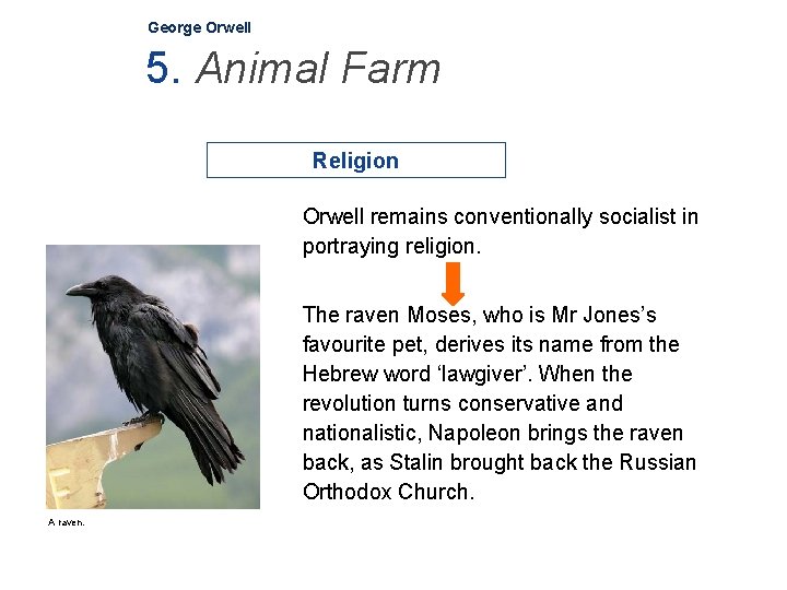 George Orwell 5. Animal Farm Religion Orwell remains conventionally socialist in portraying religion. The