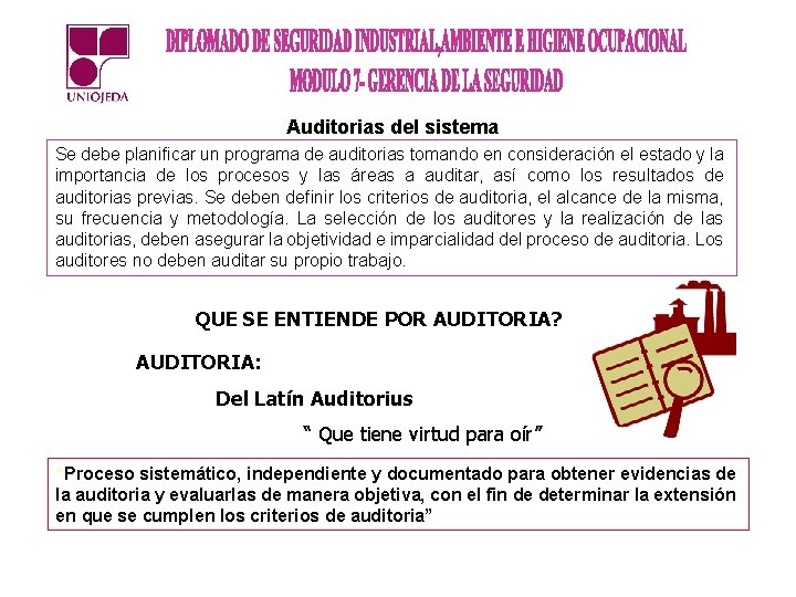 Auditorias del sistema Se debe planificar un programa de auditorias tomando en consideración el