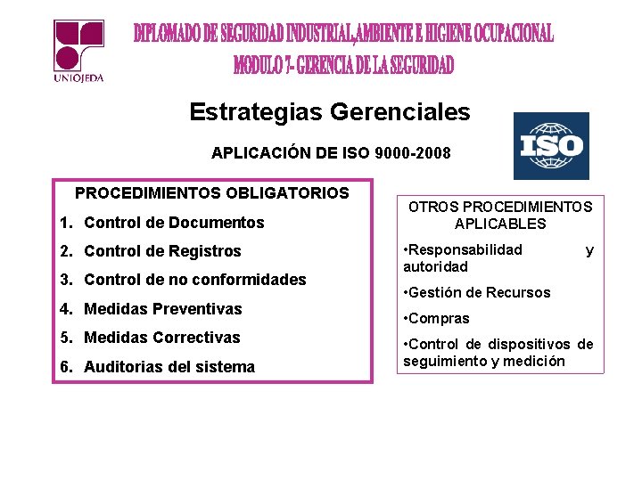 Estrategias Gerenciales APLICACIÓN DE ISO 9000 -2008 PROCEDIMIENTOS OBLIGATORIOS 1. Control de Documentos 2.