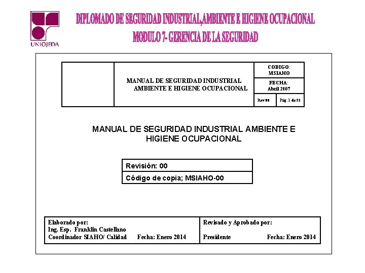 CODIGO: MSIAHO MANUAL DE SEGURIDAD INDUSTRIAL AMBIENTE E HIGIENE OCUPACIONAL FECHA: Abril 2007 Rev: