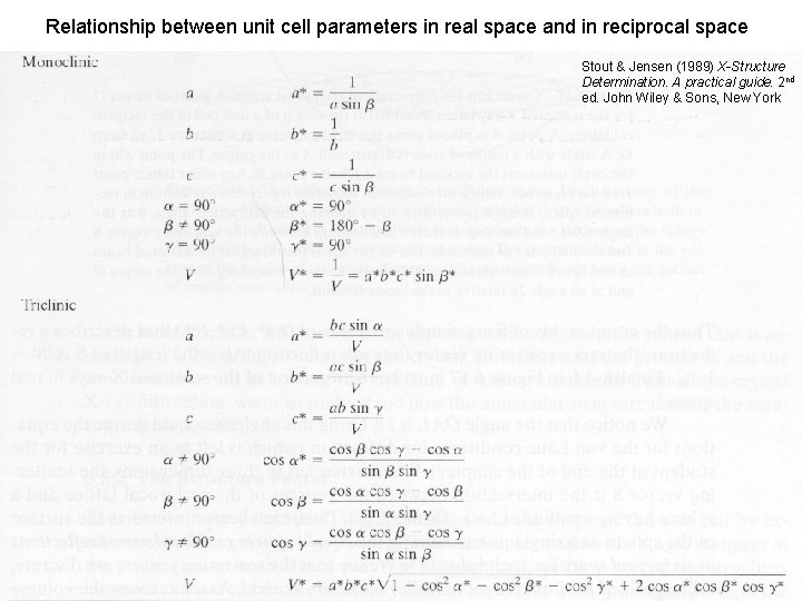 Relationship between unit cell parameters in real space and in reciprocal space Stout &