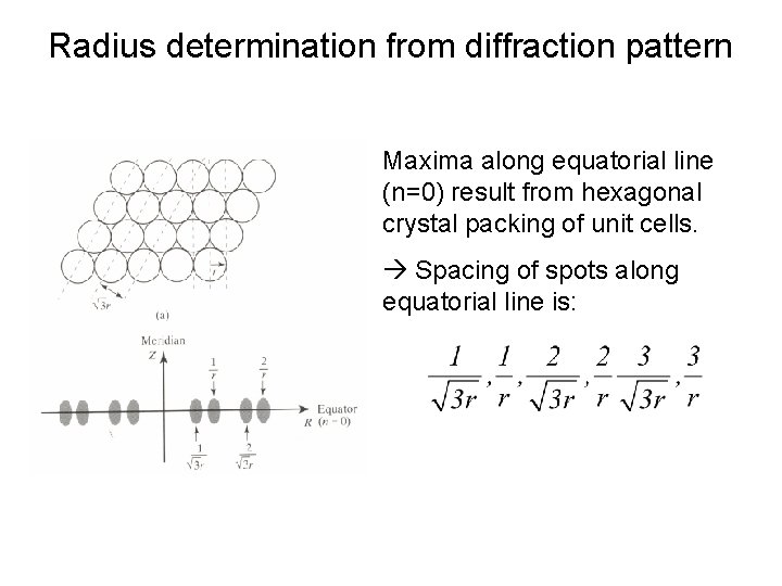 Radius determination from diffraction pattern Maxima along equatorial line (n=0) result from hexagonal crystal