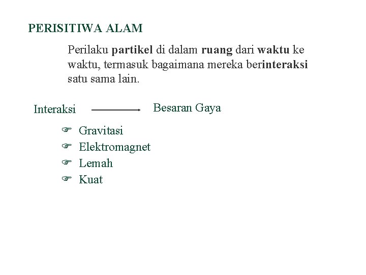 PERISITIWA ALAM Perilaku partikel di dalam ruang dari waktu ke waktu, termasuk bagaimana mereka