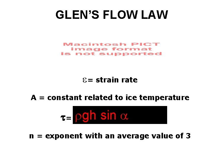 GLEN’S FLOW LAW e= strain rate A = constant related to ice temperature rgh