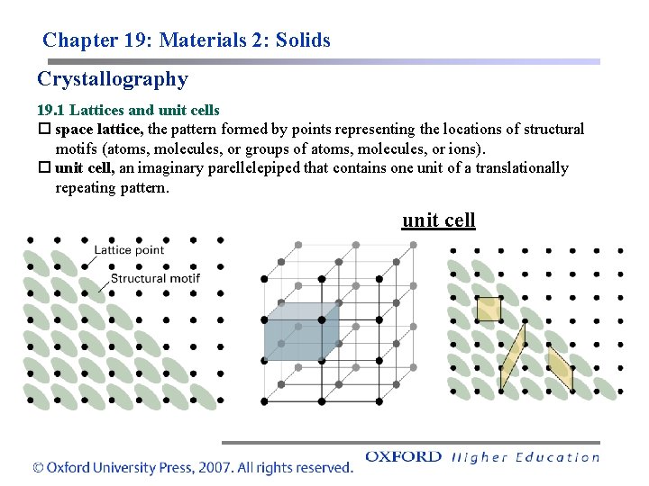 Chapter 19: Materials 2: Solids Crystallography 19. 1 Lattices and unit cells space lattice,