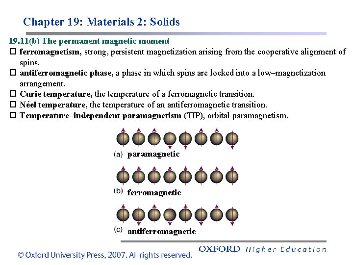 Chapter 19: Materials 2: Solids 19. 11(b) The permanent magnetic moment ferromagnetism, strong, persistent