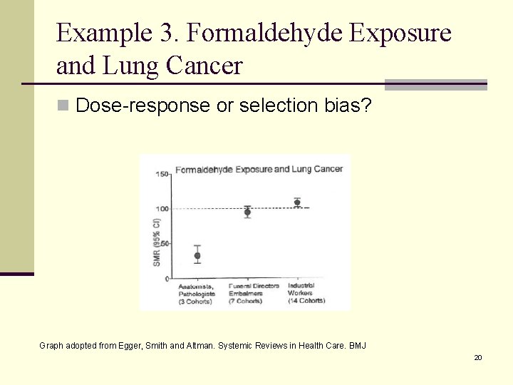 Example 3. Formaldehyde Exposure and Lung Cancer n Dose-response or selection bias? Graph adopted