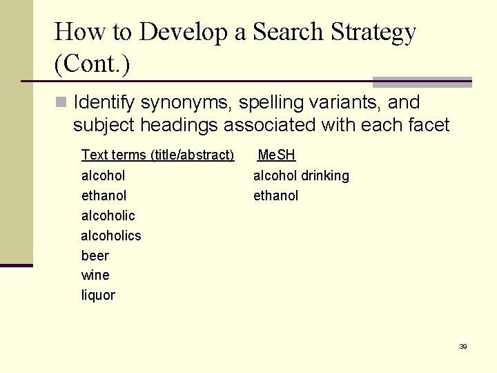 How to Develop a Search Strategy (Cont. ) n Identify synonyms, spelling variants, and