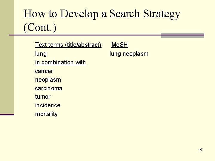 How to Develop a Search Strategy (Cont. ) Text terms (title/abstract) Me. SH lung