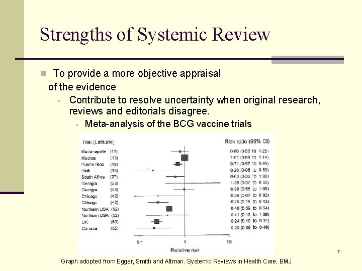 Strengths of Systemic Review n To provide a more objective appraisal of the evidence