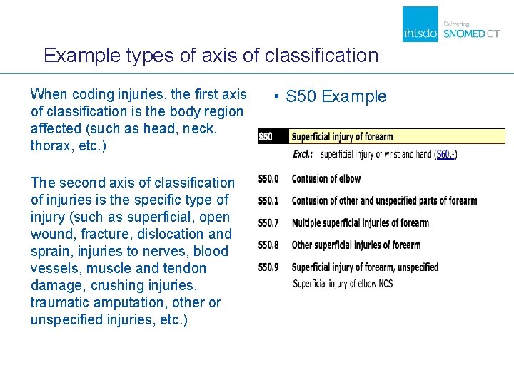 Example types of axis of classification When coding injuries, the first axis of classification