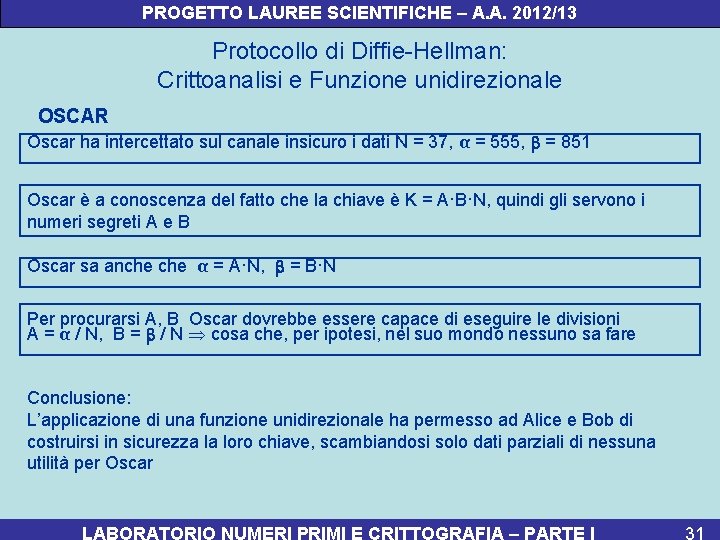 PROGETTO LAUREE SCIENTIFICHE – A. A. 2012/13 Protocollo di Diffie-Hellman: Crittoanalisi e Funzione unidirezionale