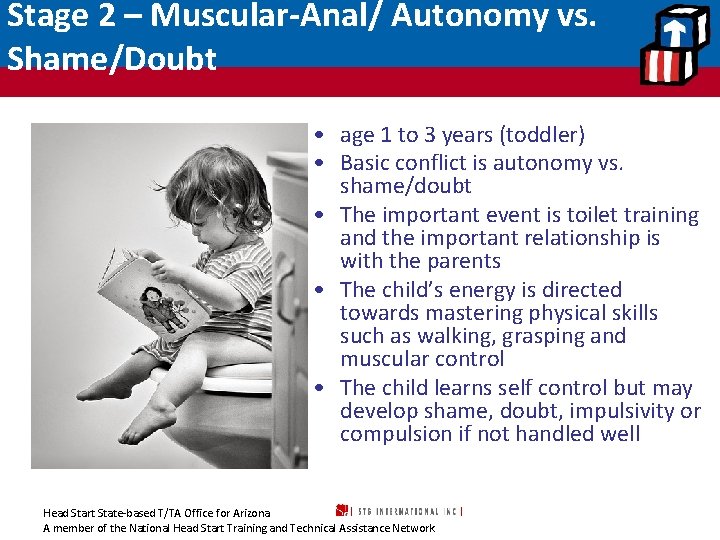Stage 2 – Muscular-Anal/ Autonomy vs. Shame/Doubt • age 1 to 3 years (toddler)