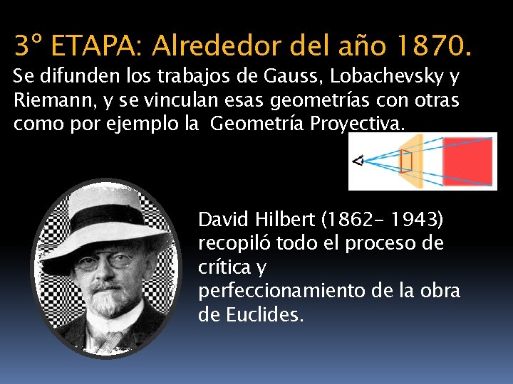 3º ETAPA: Alrededor del año 1870. Se difunden los trabajos de Gauss, Lobachevsky y