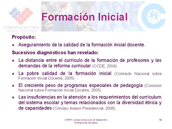 Formación Inicial Propósito: l Aseguramiento de la calidad de la formación inicial docente. Sucesivos