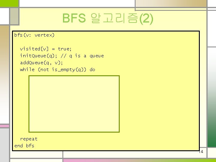 BFS 알고리즘(2) bfs(v: vertex) visited[v] = true; init. Queue(q); // q is a queue
