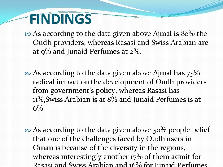 FINDINGS As according to the data given above Ajmal is 80% the Oudh providers,