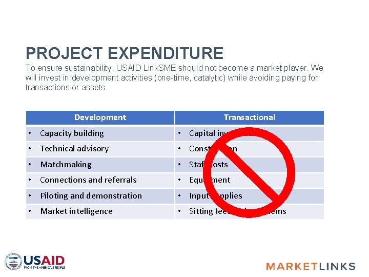 PROJECT EXPENDITURE To ensure sustainability, USAID Link. SME should not become a market player.