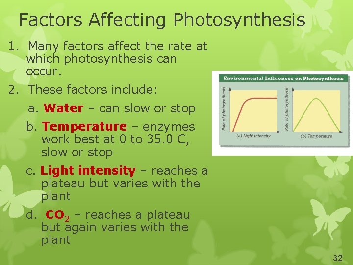  Factors Affecting Photosynthesis 1. Many factors affect the rate at which photosynthesis can
