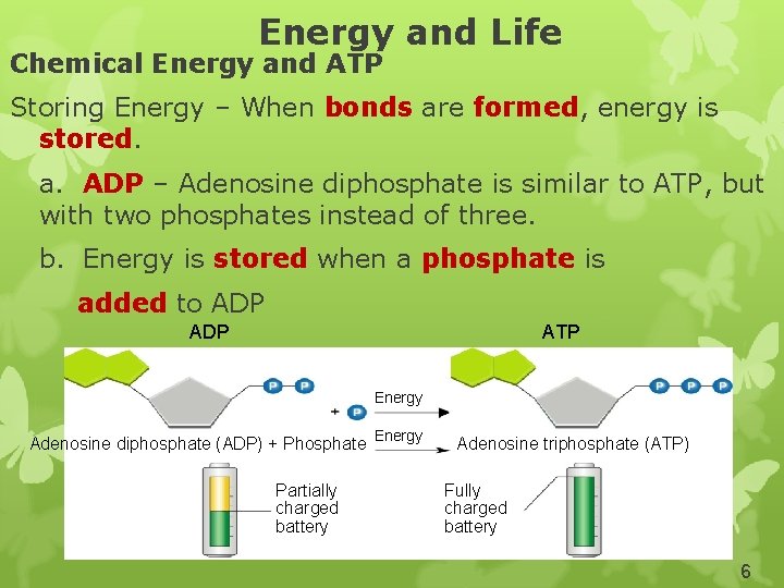 Energy and Life Chemical Energy and ATP Storing Energy – When bonds are formed,