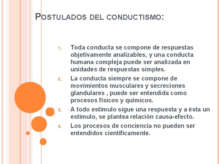 POSTULADOS DEL CONDUCTISMO: 1. 2. 3. 4. Toda conducta se compone de respuestas objetivamente