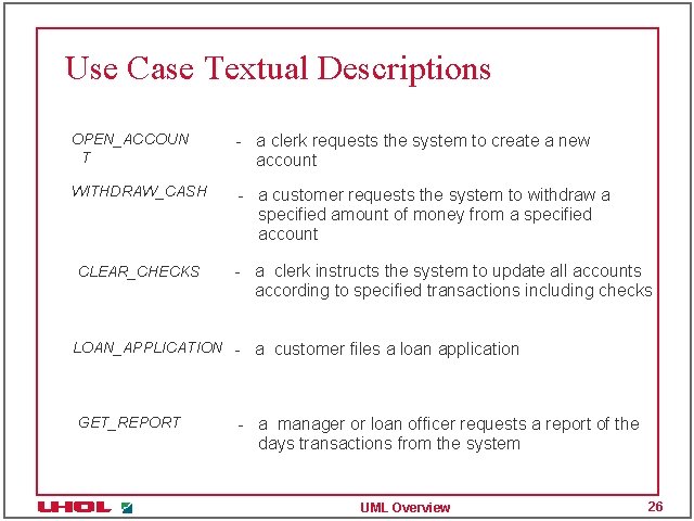 Use Case Textual Descriptions OPEN_ACCOUN T - a clerk requests the system to create