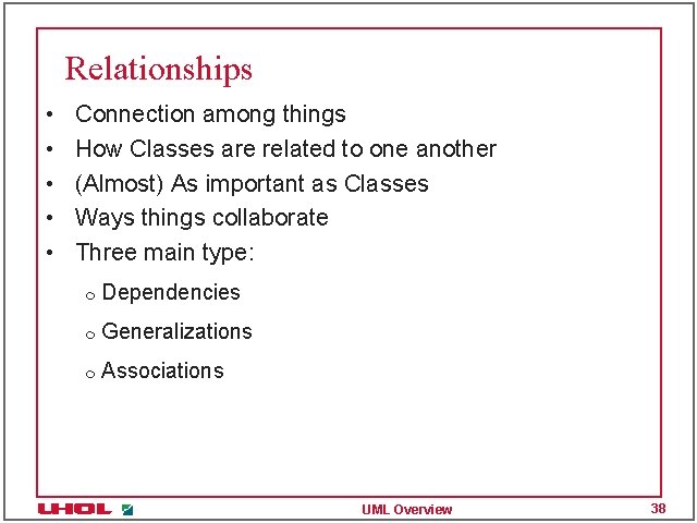 Relationships • • • Connection among things How Classes are related to one another