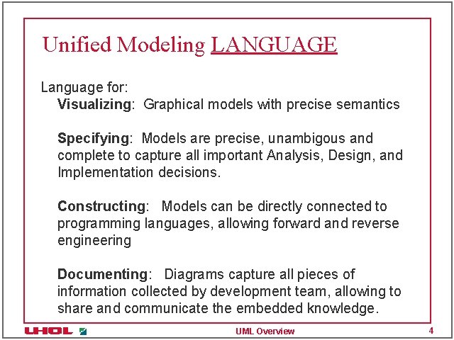 Unified Modeling LANGUAGE Language for: Visualizing: Graphical models with precise semantics Specifying: Models are