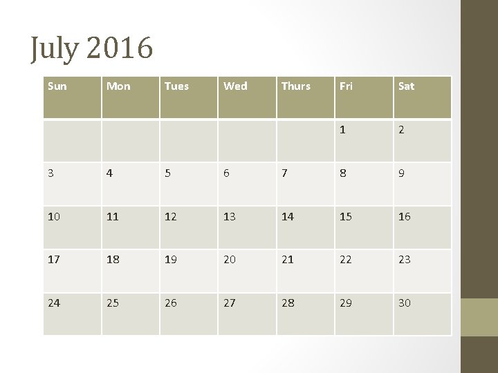July 2016 Sun Mon Tues Wed Thurs Fri Sat 1 2 3 4 5 July 2016 Sun Mon Tues Wed Thurs Fri Sat 1 2 3 4 5