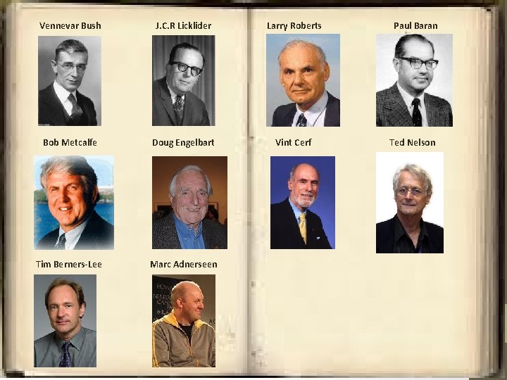 Vennevar Bush J. C. R Licklider Larry Roberts Bob Metcalfe Doug Engelbart Vint Cerf
