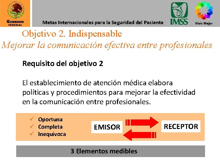 Metas Internacionales para la Seguridad del Paciente Objetivo 2. Indispensable Mejorar la comunicación efectiva