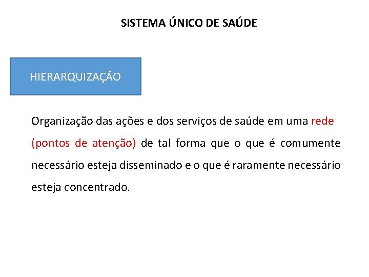SISTEMA ÚNICO DE SAÚDE HIERARQUIZAÇÃO Organização das ações e dos serviços de saúde em SISTEMA ÚNICO DE SAÚDE HIERARQUIZAÇÃO Organização das ações e dos serviços de saúde em