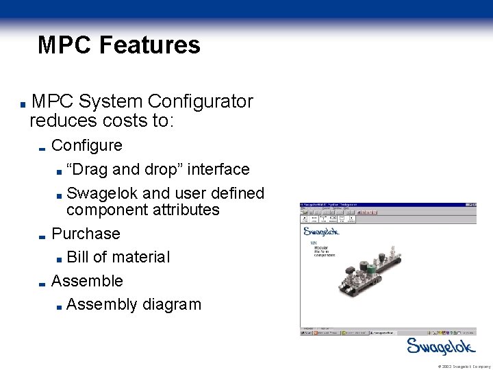 MPC Features MPC System Configurator reduces costs to: Configure “Drag and drop” interface Swagelok