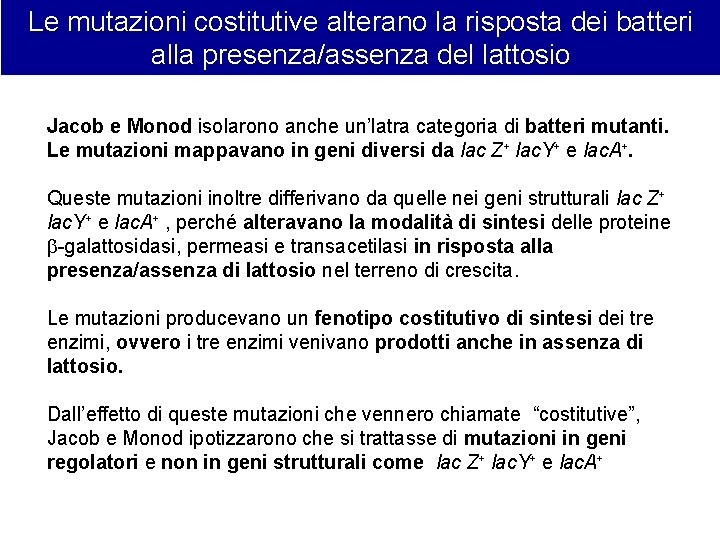 Le mutazioni costitutive alterano la risposta dei batteri alla presenza/assenza del lattosio Jacob e