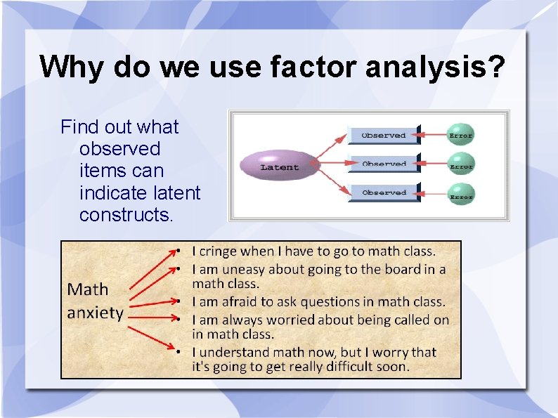 Why do we use factor analysis? Find out what observed items can indicate latent Why do we use factor analysis? Find out what observed items can indicate latent