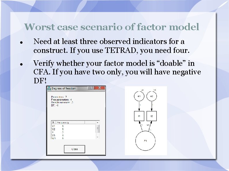 Worst case scenario of factor model Need at least three observed indicators for a Worst case scenario of factor model Need at least three observed indicators for a
