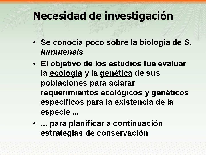 Necesidad de investigación • Se conocía poco sobre la biología de S. lumutensis •