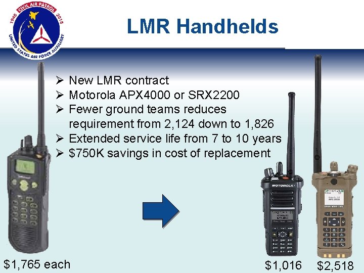 LMR Handhelds Ø New LMR contract Ø Motorola APX 4000 or SRX 2200 Ø