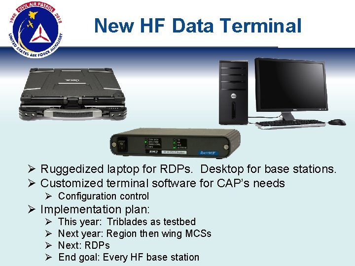 New HF Data Terminal Ø Ruggedized laptop for RDPs. Desktop for base stations. Ø