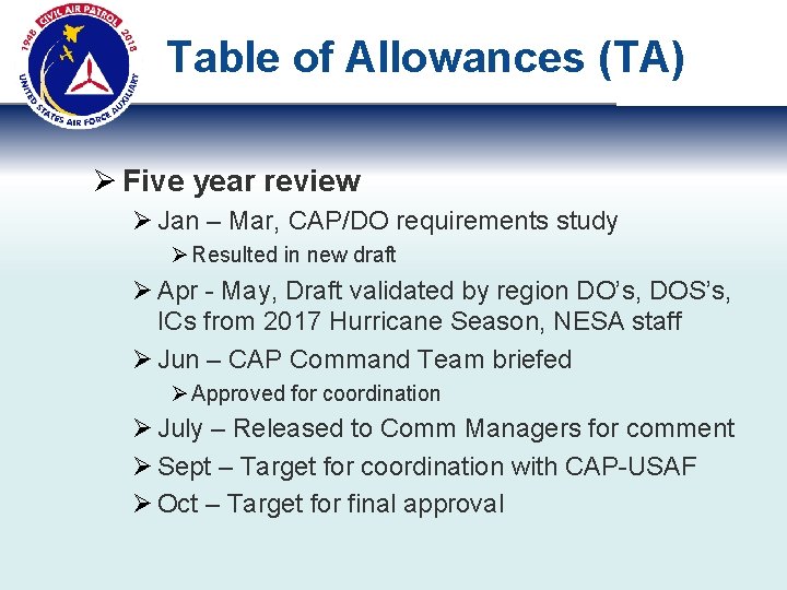 Table of Allowances (TA) Ø Five year review Ø Jan – Mar, CAP/DO requirements