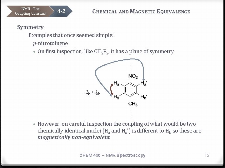 NMR - The Coupling Constant 4 -2 CHEMICAL AND MAGNETIC EQUIVALENCE Symmetry Examples that