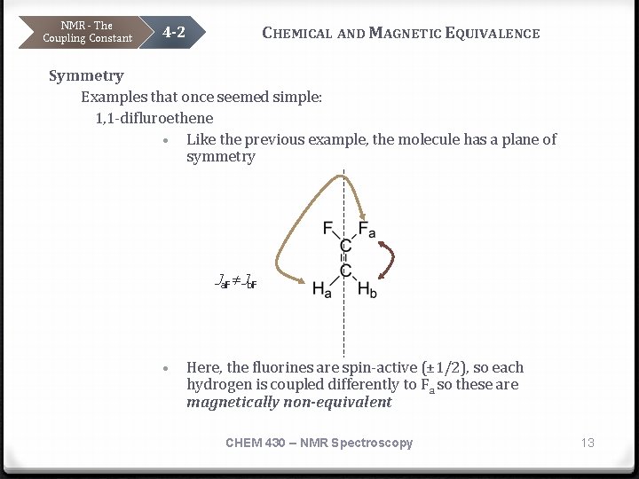 NMR - The Coupling Constant CHEMICAL AND MAGNETIC EQUIVALENCE 4 -2 Symmetry Examples that