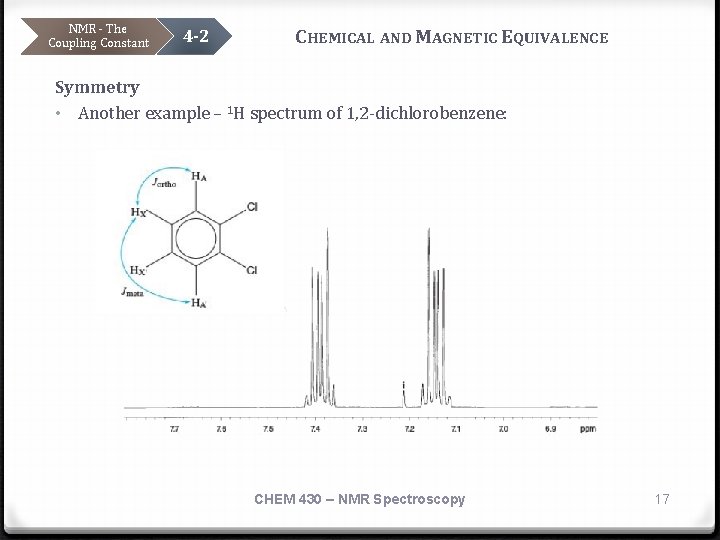 NMR - The Coupling Constant 4 -2 CHEMICAL AND MAGNETIC EQUIVALENCE Symmetry • Another