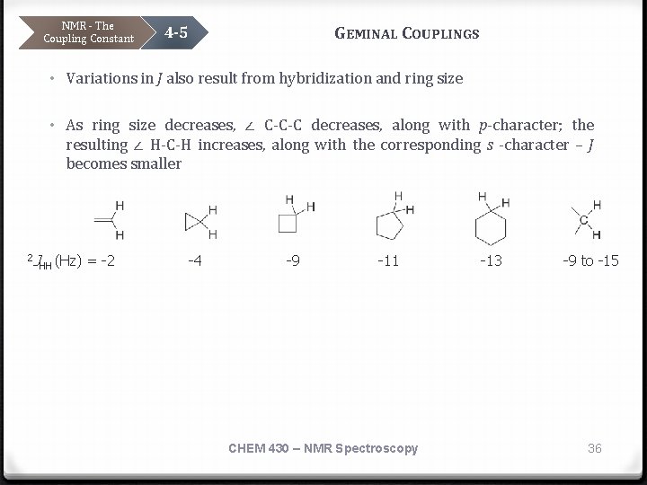 NMR - The Coupling Constant GEMINAL COUPLINGS 4 -5 • Variations in J also