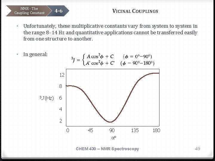NMR - The Coupling Constant VICINAL COUPLINGS 4 -6 • Unfortunately, these multiplicative constants