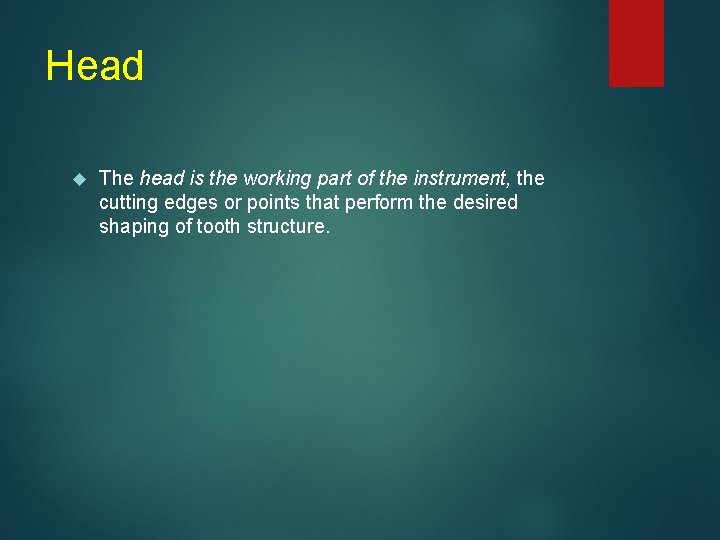 Head The head is the working part of the instrument, the cutting edges or