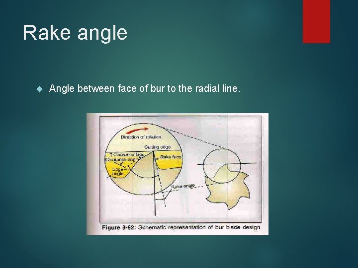 Rake angle Angle between face of bur to the radial line. 